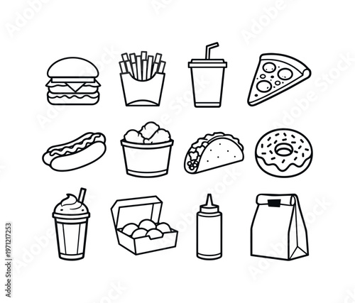 Fast food combo: burger, fries, soda cup, pizza slice, hot dog, chicken bucket, taco, donut, milkshake, nuggets box, ketchup bottle, takeaway bag