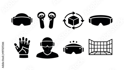 Virtual reality: VR headset, motion controllers, 360 degree cube, immersive goggles, hand tracking glove, virtual avatar, headset sensors, boundary