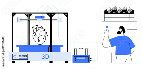 Healthcare innovation, biotechnology, 3D printing, bioprinting, technological advancements, research applications. A 3D printer creating a heart model, with a researcher and plant-based concept. 3D
