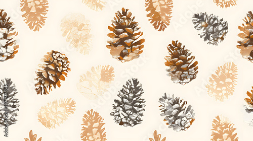 Watercolor pine cones on a beige background pattern
