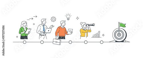 A structured steady progress scenario where professionals maintain consistent forward movement through disciplined execution of tasks over time, built