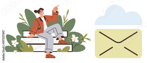 Education, communication, email, knowledge sharing, cloud storage, online learning. A person sitting on books pointing upward near an envelope and cloud icon. Education and communication concept