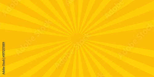 Abstract background vector illustration of a bright sunny sunburst with orange rays and yellow light beams creating a warm summer sunrise starburst explosion