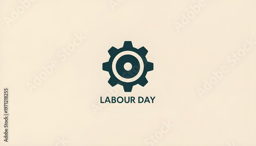 A Labour Day graphic design featuring a gear icon on a beige background