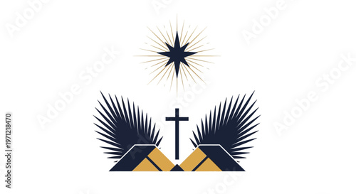 A christmas star shines brightly above palm trees and a cross
