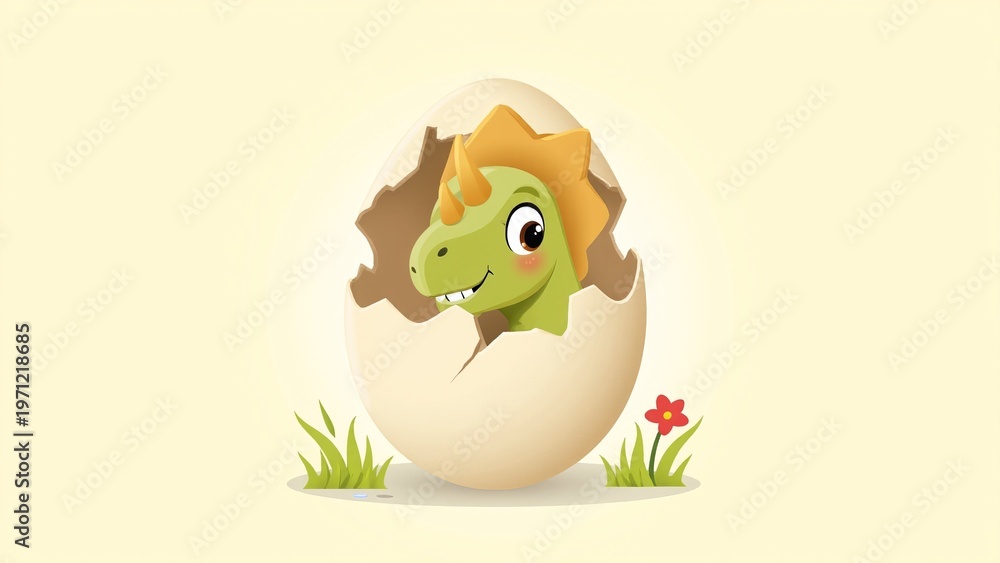 Fototapeta premium Adorable Triceratops Hatching from a Cracked Egg