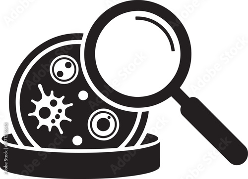 Microscope viewing cell cultures and viruses on petri dish under magnifying glass research and scientific discovery concept illustration