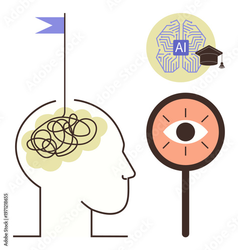 Artificial intelligence, education, mental health, diagnostics, learning innovation, and cognition studies. Human brain silhouette, magnifying glass with an eye and AI symbol. AI and education