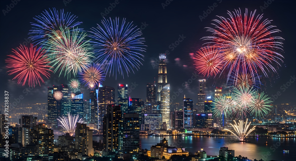 Fototapeta premium Spectacular fireworks display over a vibrant city skyline at night