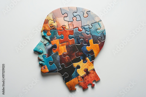Artistic representation of a head profile composed of vibrant puzzle pieces against a textured, distressed background, conveying the intricate nature of thought and knowledge. 