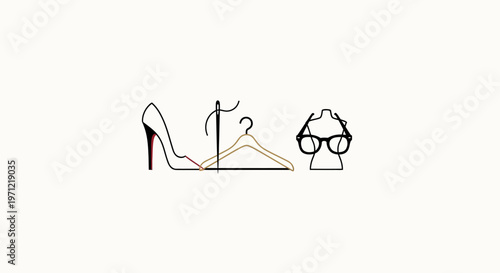 Minimalist Fashion Elements Depicted: High Heel, Hanger, Needle, Glasses, and Dress Form