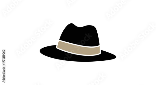 Minimalist graphic of a black fedora hat with a tan band for various design uses