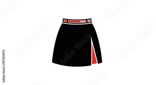 Minimalist graphic of a black skirt with a red belt, suitable for fashion design or icon usage