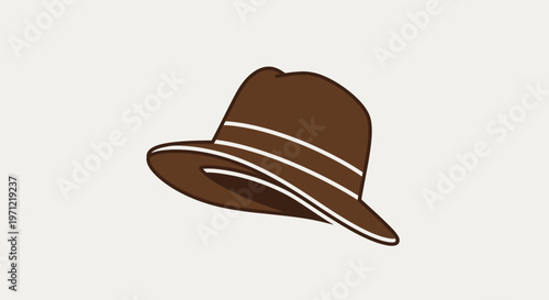 Illustration of a brown fedora hat with white stripes, simple design on cream background