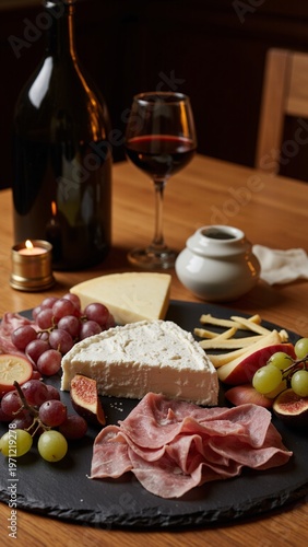 Artisan Cheese Board with Red Wine in Candlelight