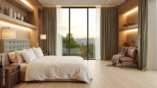 Serene Modern Bedroom Interior with Large Windows and Wooden Accents