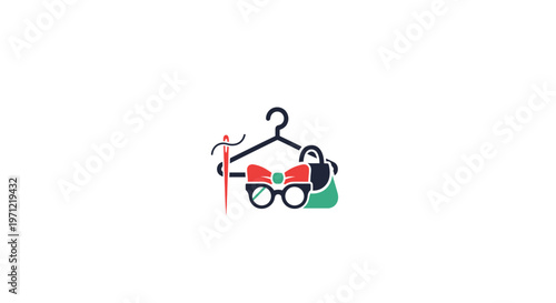 Fashion design accessories logo with clothes hanger, bow tie, glasses, and handbag on white