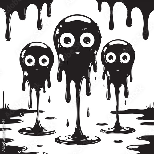 Creepy yet playful 3D animated blobs with exaggerated eyes standing in a dimly lit, eerie room with liquid dripping effects. Ideal for Halloween-themed content, horror illustrations, children's books,