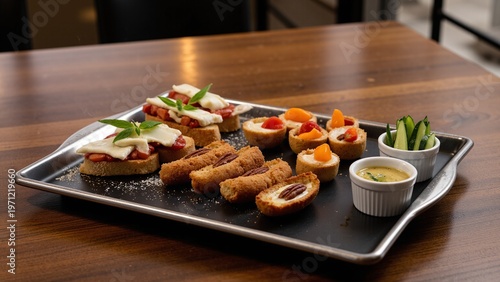 Elegant Silver-Rimmed Black Tray of Gourmet Finger Foods