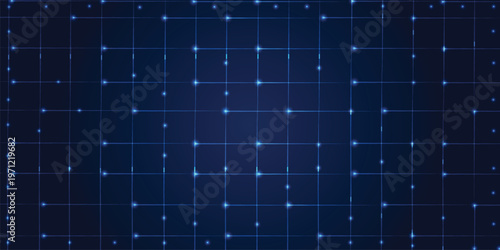 Abstract blue digital grid background with glowing light nodes