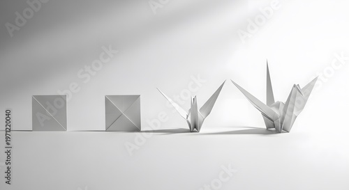 Origami crane development, folded paper forms showing progress on a light surface.