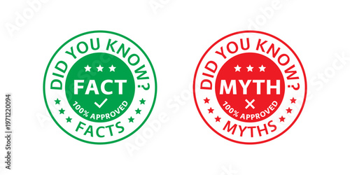 Fact Myth rubber stamps. Truth or false round badges. Green red seal imprints. Vector illustration. Emblems isolated on white background. Infographic labels.