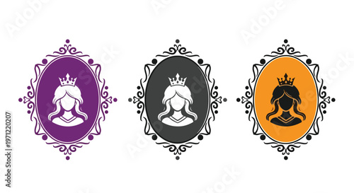 Three stylized portraits of queens wearing crowns and ornate frames in purple, black, and orange colors