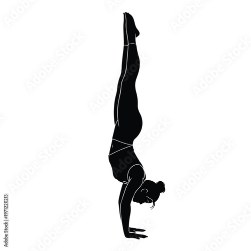 A woman in a black silhouette doing a handstand with her legs straight up against a white background.