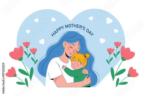A heartwarming illustration of a mother and child embracing on mothers day with a blue heart background and pink flowers