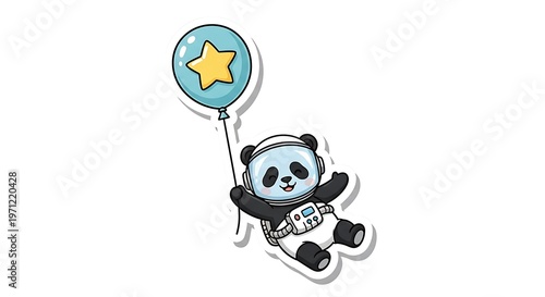 Cartoon Panda Astronaut Floating with Star Balloon.