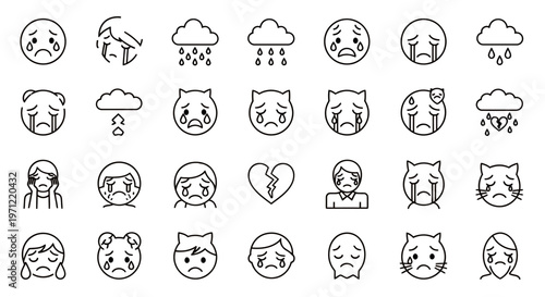 Collection of cute line art dog faces showing varied expressions with rain motifs in a seamless pattern.