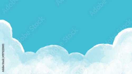 青空と雲の背景素材テクスチャ ベクターイラスト　コピースペース　手描き　水彩　16:9　入道雲　夏、広告、ポスター