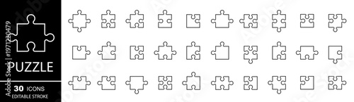 Puzzle line icons. Puzzle pieces. Solution, jigsaw, strategy, connection, brain. Editable stroke