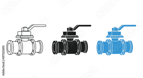 Set of three industrial ball valve icons showing outline, silhouette, and blue color variations for plumbing and fluid