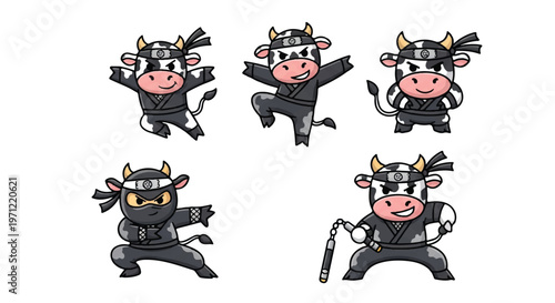 Cartoon cows in ninja costumes posing vector illustration