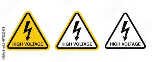 High Voltage Electrical Warning Signs - Electricity Hazard Triangle Symbols - Power Alert Icons with Lightning Bolt in Yellow and Black Set