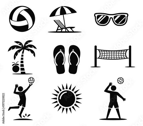 simple graphic icon set with beach and summer symbols such as volleyball, sun, umbrella and palm tree, combined with players illustration, ideal for vacation themes, sports activities and travel relat