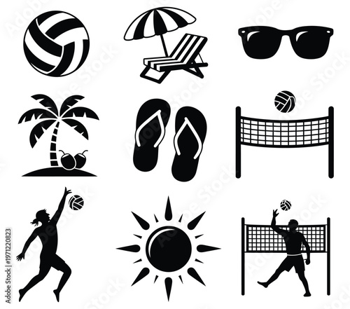 simple graphic icon set with beach and summer symbols such as volleyball, sun, umbrella and palm tree, combined with players illustration, ideal for vacation themes, sports activities and travel relat