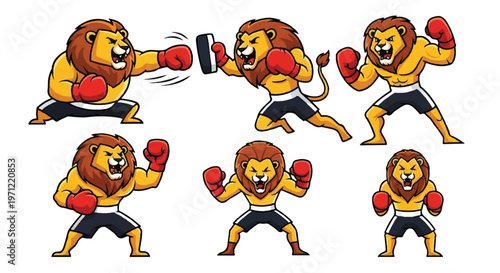 Cartoon lion boxer set sporty animal characters in active poses