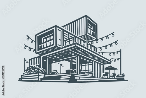 Shipping Container Lounge With String Lights Illustration