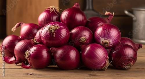 Pile of red onions kitchen.