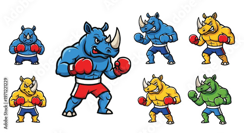 Cartoon rhinoceros boxer posing in boxing outfit isolated on white