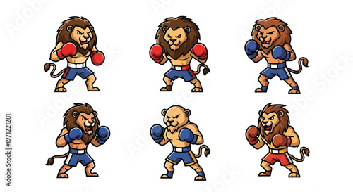 Cartoon lions in boxing poses vector illustration on white