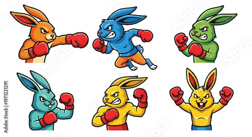 Cartoon boxing rabbits in various colors on white background vector illustration