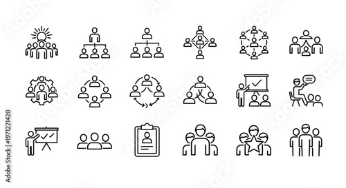 Collection of teamwork and collaboration icons showing groups, meetings, and workflow illustrations.