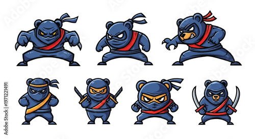Cartoon ninja bear characters in action poses set