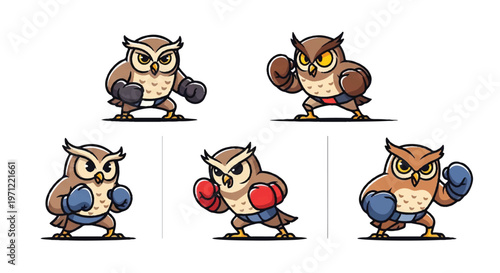 Cartoon owls in boxing poses vector illustrations