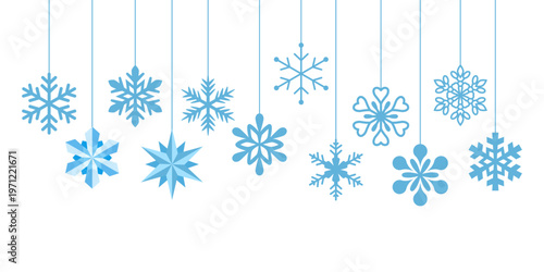 Hanging christmas snowflakes icon set collection in flat style. Snowfall vector illustration on isolated background. Snow flake sign business concept.