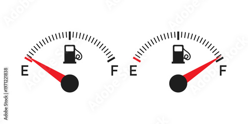 Fuel tank meter icon in flat style. Petrol gauge dashboard vector illustration on isolated background. Energy indicator sign business concept.