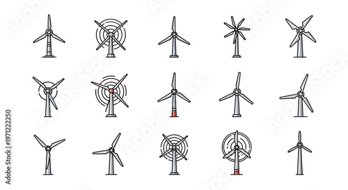 Illustrated collection of windmills with varying designs, for renewable energy and icon use